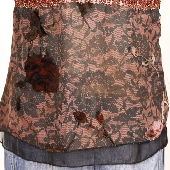 Y2K Brown Lace Halter Cami Top Floral Beaded Empire Bisou Bisou - Picture 7 of 10